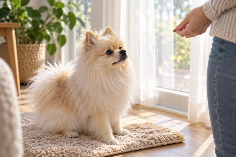 Bruno redirects his attention from a window to his owner during a calm exercise
