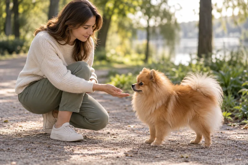 An owner observes a relaxed Spitz during a park walk