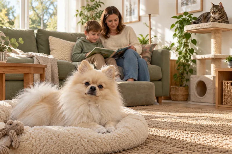 Bruno rests in his own space near a child and cat under adult supervision.