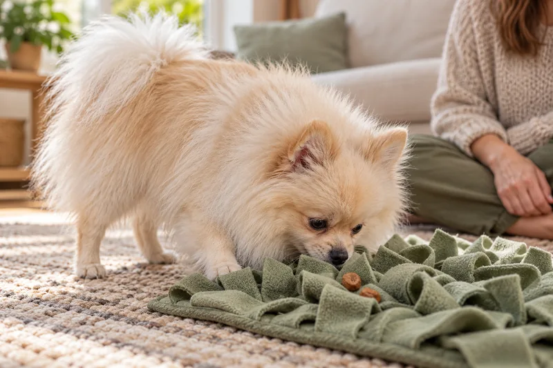 Bruno explores a snuffle mat during a game at home