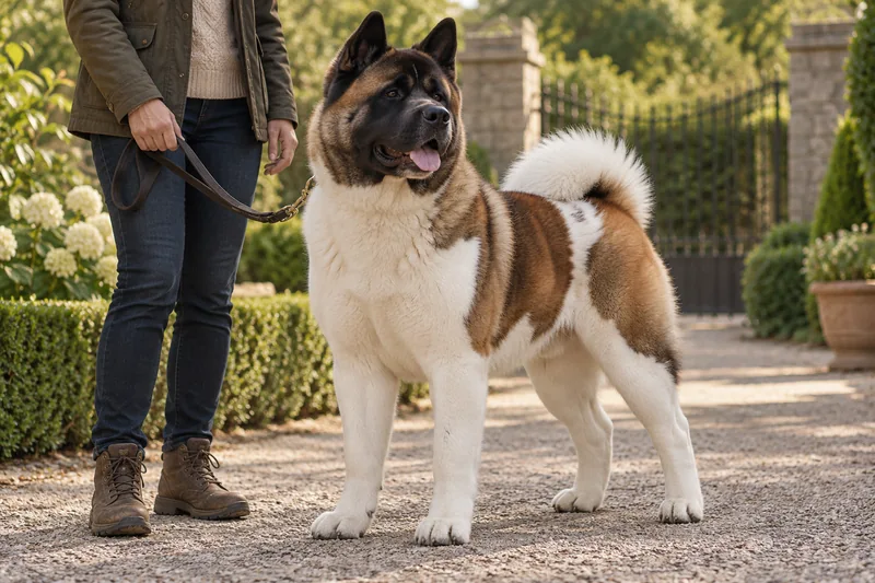Adult American Akita with a dark facial mask beside its owner in a garden