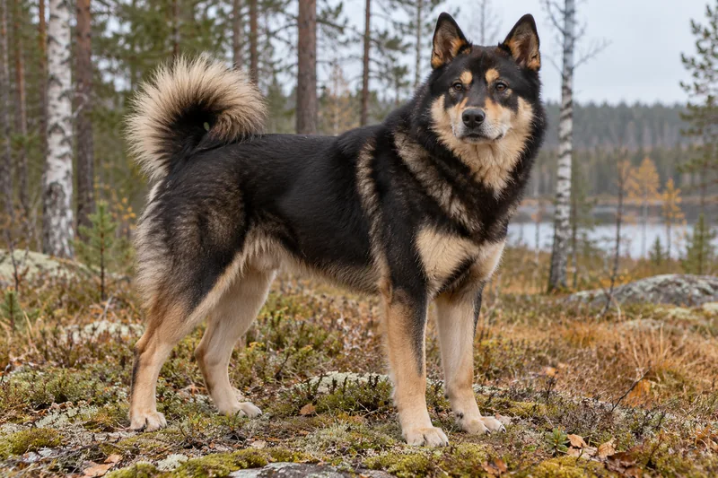 Adult black-and-tan East Siberian Laika in a forest clearing