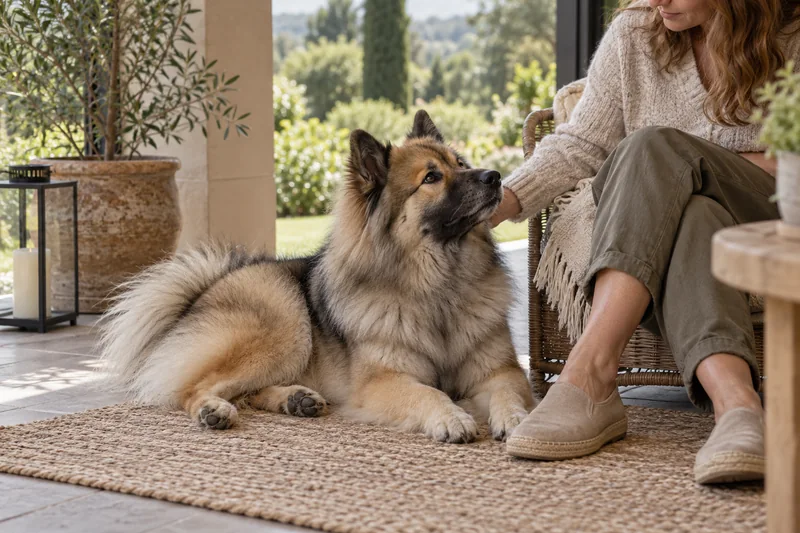 Wolf-sable Eurasier resting beside its owner on a terrace