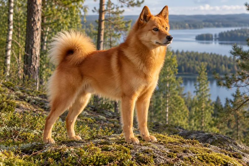 Adult golden-red Finnish Spitz in pine woodland above a lake