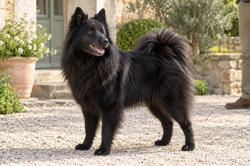 An adult black German Grossspitz stands on a pale garden path
