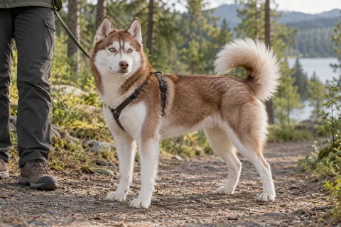 Adult red-and-white Siberian Husky on a woodland walk