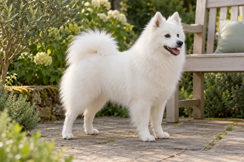 A white Japanese Spitz in a home garden beside a bench