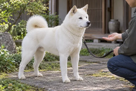 Adult white Kishu Ken during calm practice with its owner near home