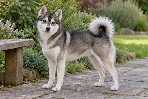 Adult grey-and-white Alaskan Klee Kai on a garden path beside a bench