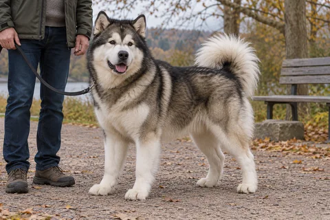 Adult grey-and-white Alaskan Malamute beside its owner