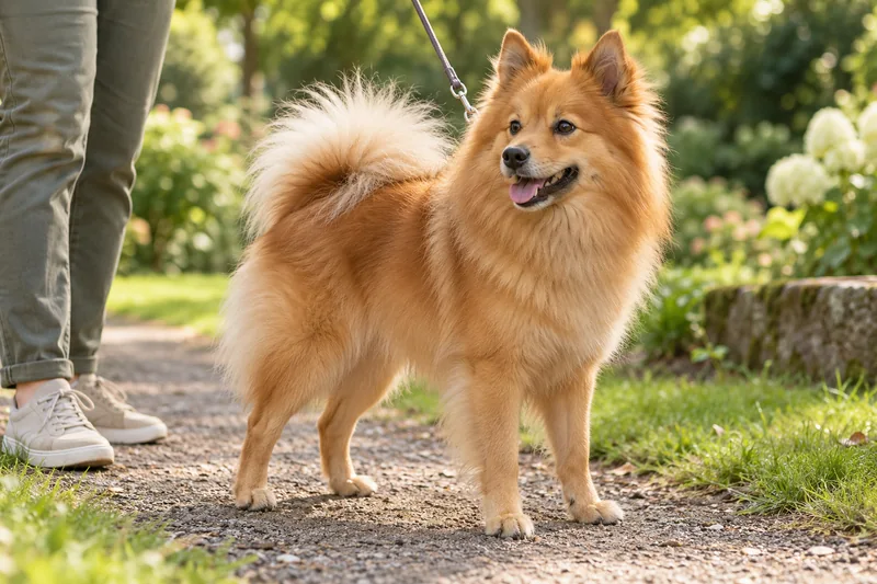 An adult German Mittelspitz standing naturally on a garden path