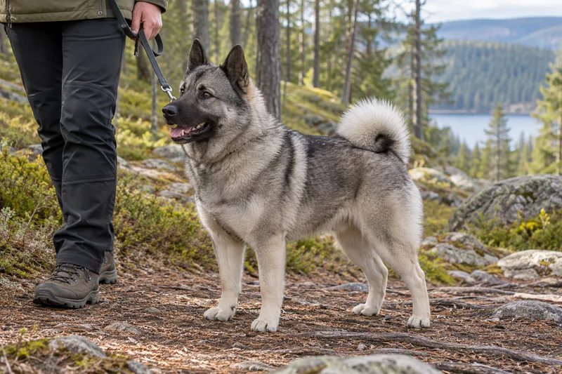 An adult grey Norwegian Elkhound on a woodland trail