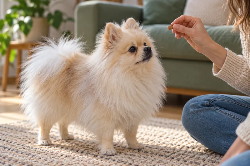 Evde sahibiyle çalışan yetişkin Pomeranian.