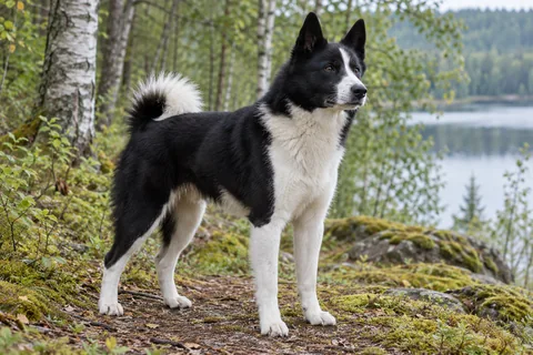 Adult black-and-white Russo-European Laika beside a woodland lake