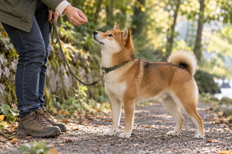 Adult red sesame Shiba Inu practicing with its owner during a walk
