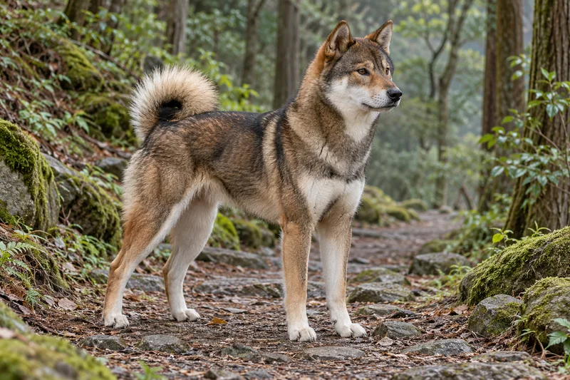 Adult sesame-coated Shikoku on a woodland trail