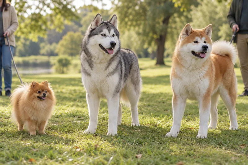 Pomeranian, Siberian Husky and Akita in a park