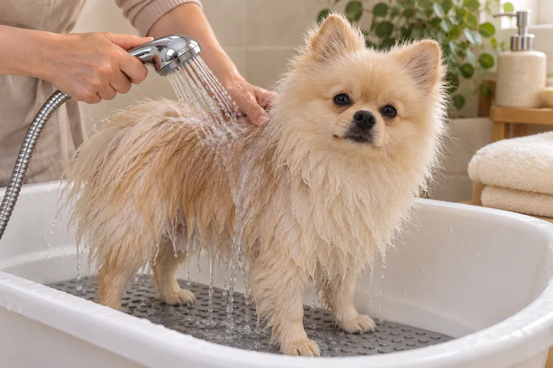 Kaymaz banyo matındaki Pomeranian nazikçe durulanıyor.