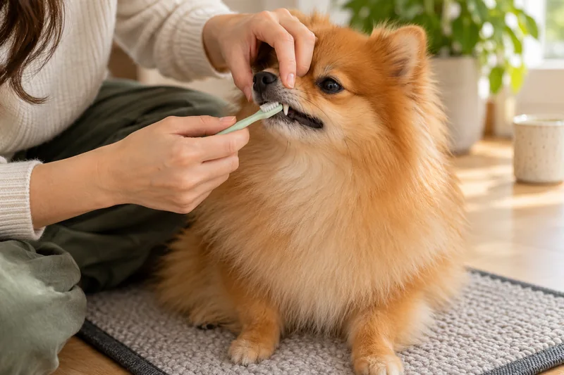 Owner gently brushing an adult Pomeranian’s teeth with a small toothbrush