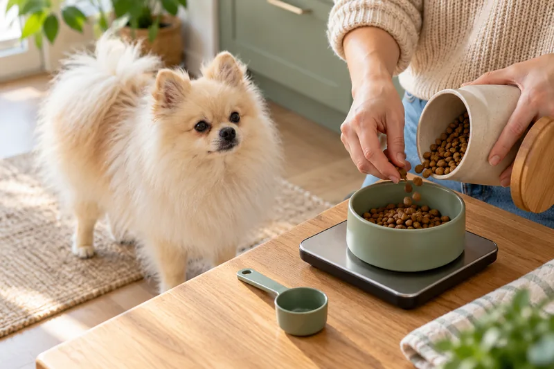 Pomeranianın mama porsiyonunun mutfak terazisinde tartılması