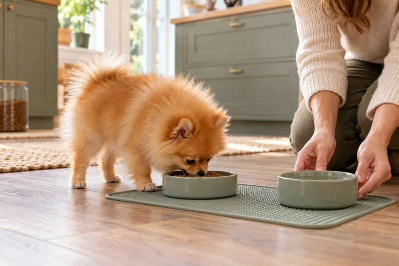 Sütten kesilmiş Pomeranian yavrusu küçük mama kabından kendi başına yiyor