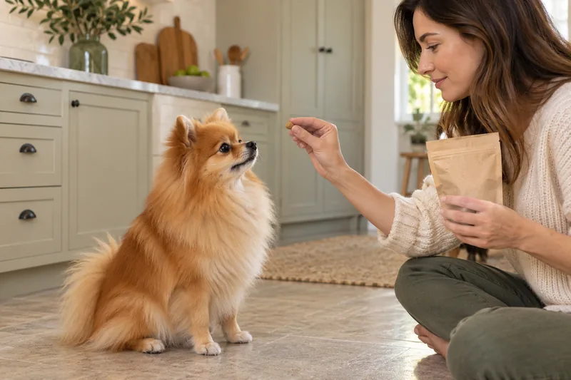 Owner offering a Pomeranian a small packaged dog treat