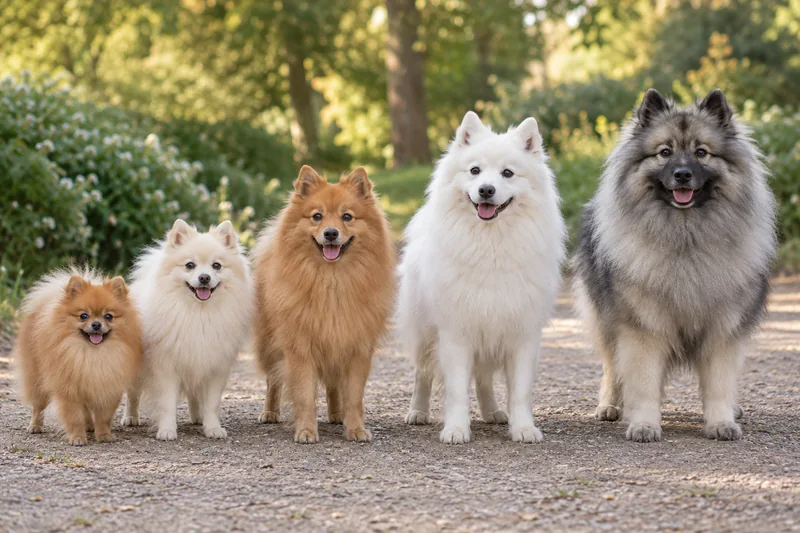 Five German Spitz varieties standing together on a park path.