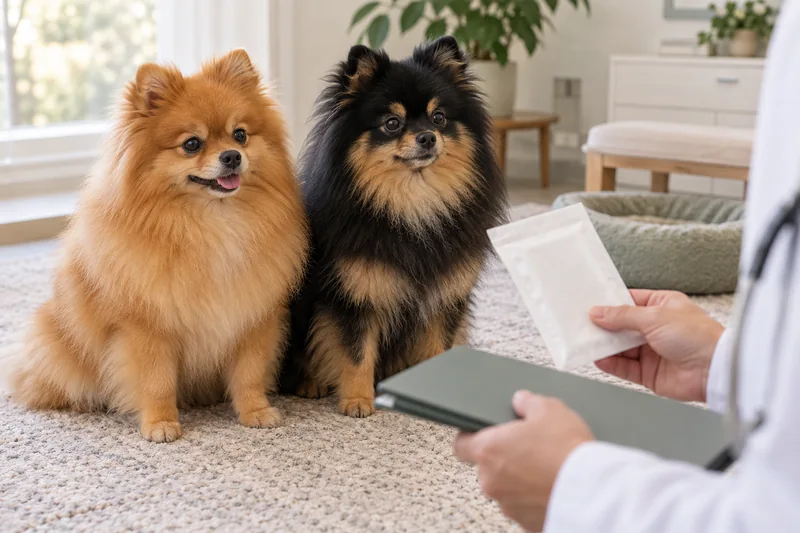 Genetik tarama malzemelerinin yanında farklı renkte iki Pomeranian