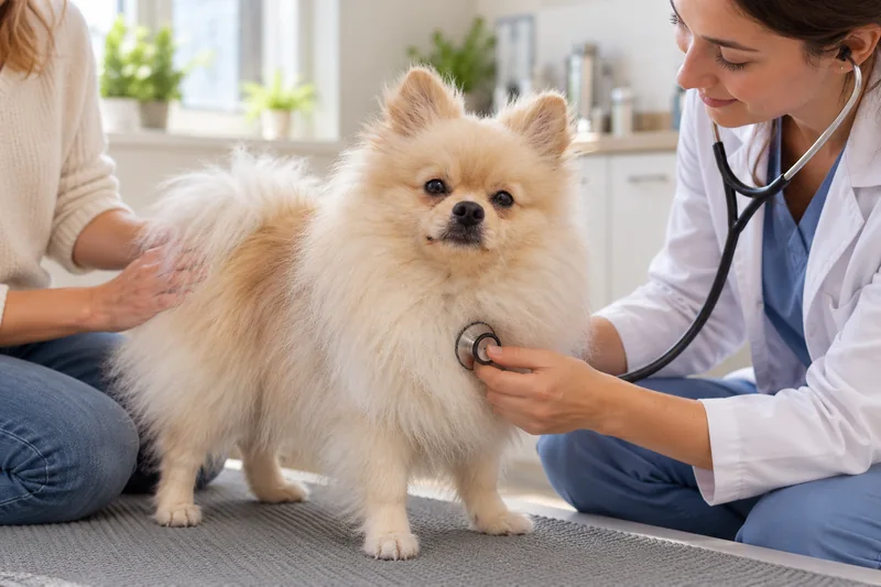 Veteriner Pomeranianın kalbini ve solunumunu dinliyor