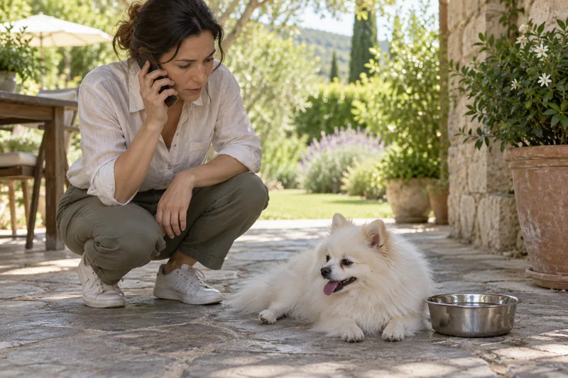 A white Pomeranian rests in shade beside water while the owner calls for advice