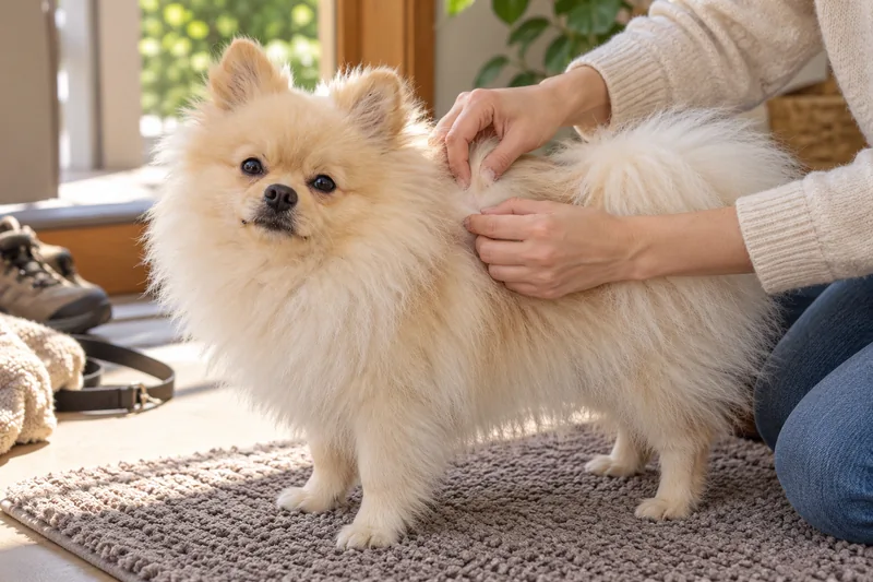 An owner parts a Pomeranian's coat to check the skin after a walk