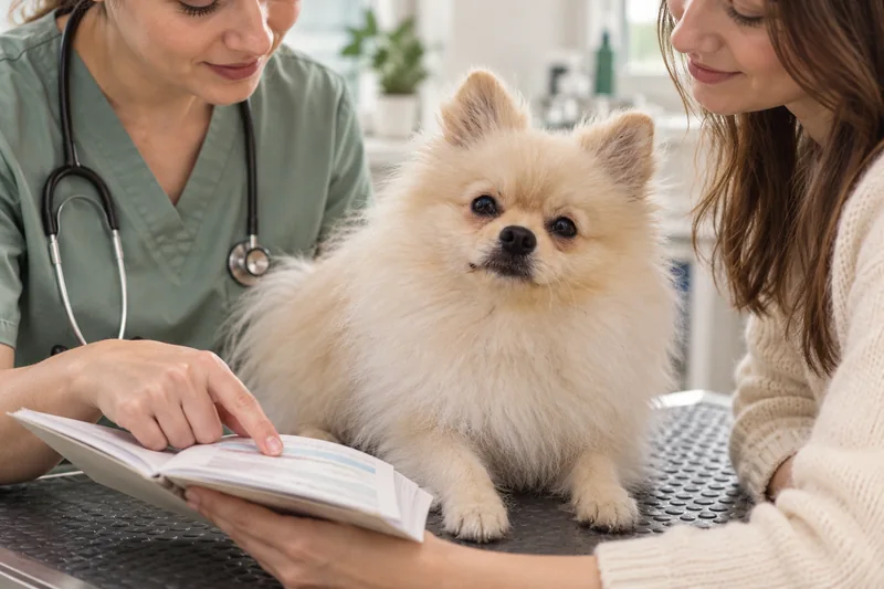 A veterinarian and owner discuss a vaccination plan beside a calm Pomeranian