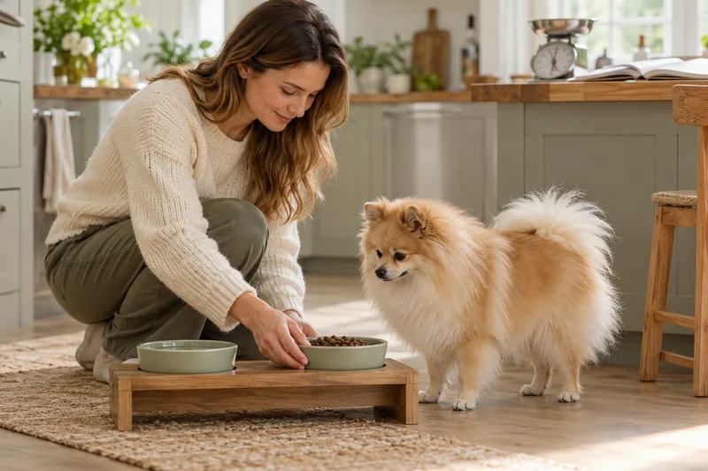 Sahibi yetişkin dişi Pomeranian için ölçülü mama porsiyonu hazırlıyor