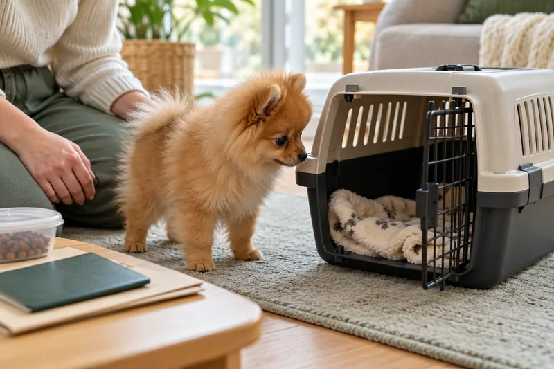 A Pomeranian puppy explores a carrier before moving home