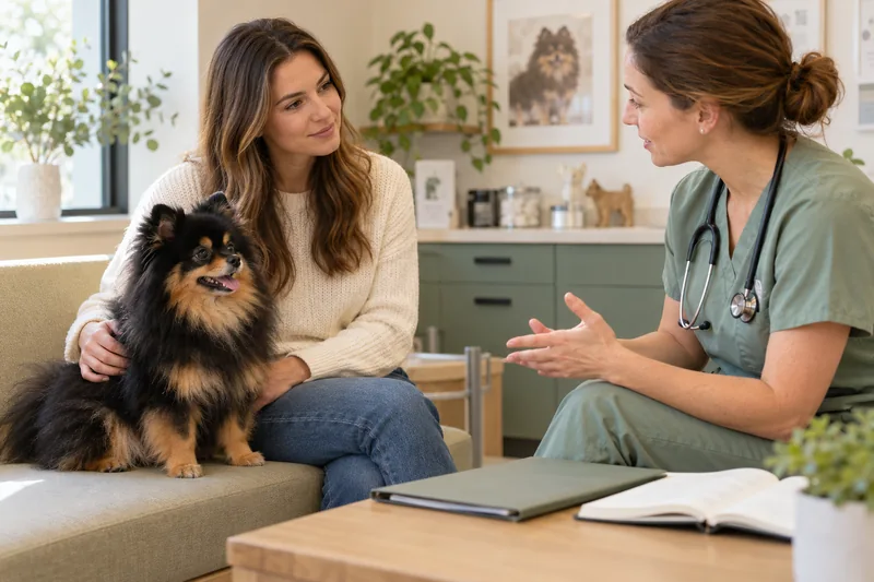 Veterinerle dişi Pomeranian için bireysel doğum planı görüşülüyor