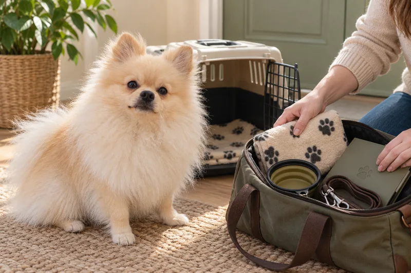A Pomeranian beside its carrier and supplies prepared for a trip.