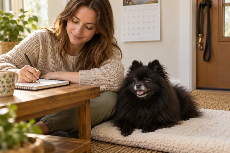 An owner keeps an observation diary beside a calm female Pomeranian.