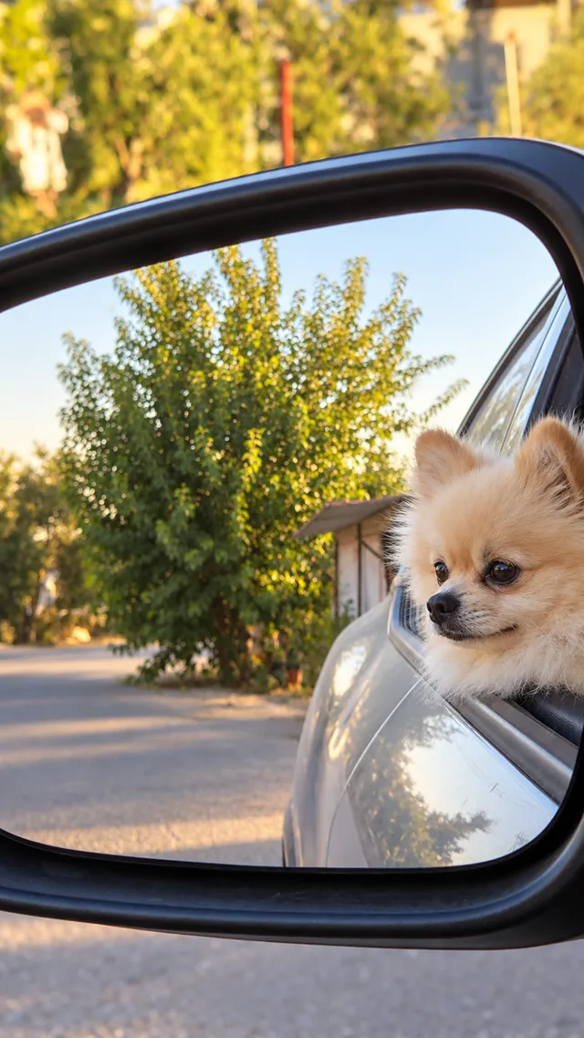 Bruno reflected in a car mirror